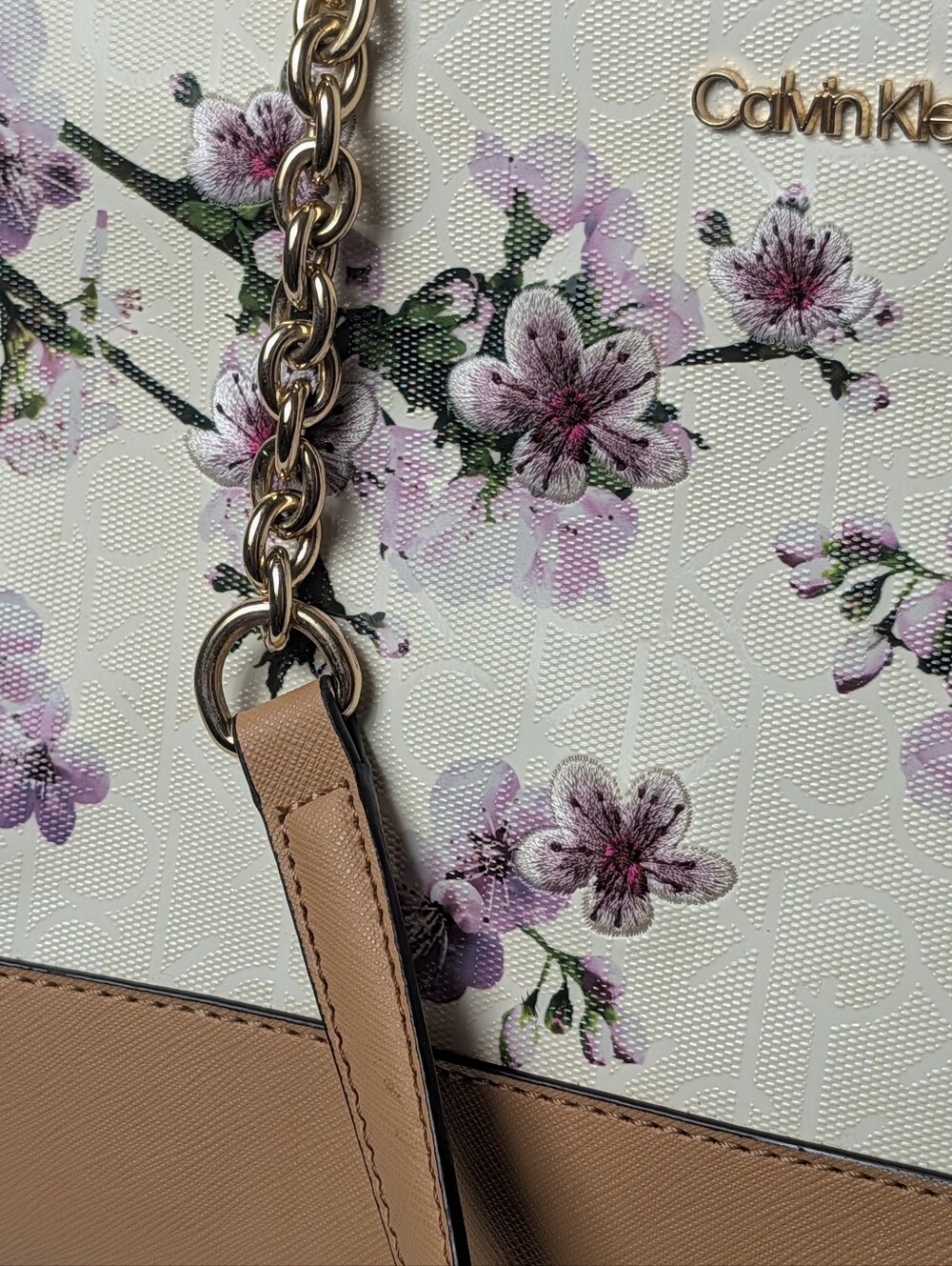 Vintage Calvin Klein Lavender Cherry Blossom Tote | Gold Zip Cherub White - Picture 6 of 8